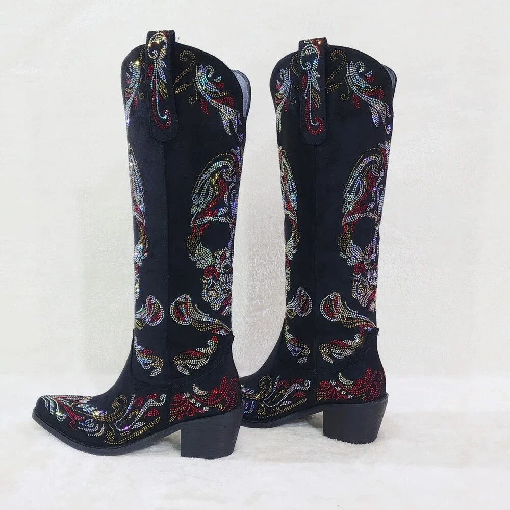 NIB MUERTO Goth Western Cowgirl Boots Sparkling Iridescent Rhinestones Skull - Picture 7 of 16
